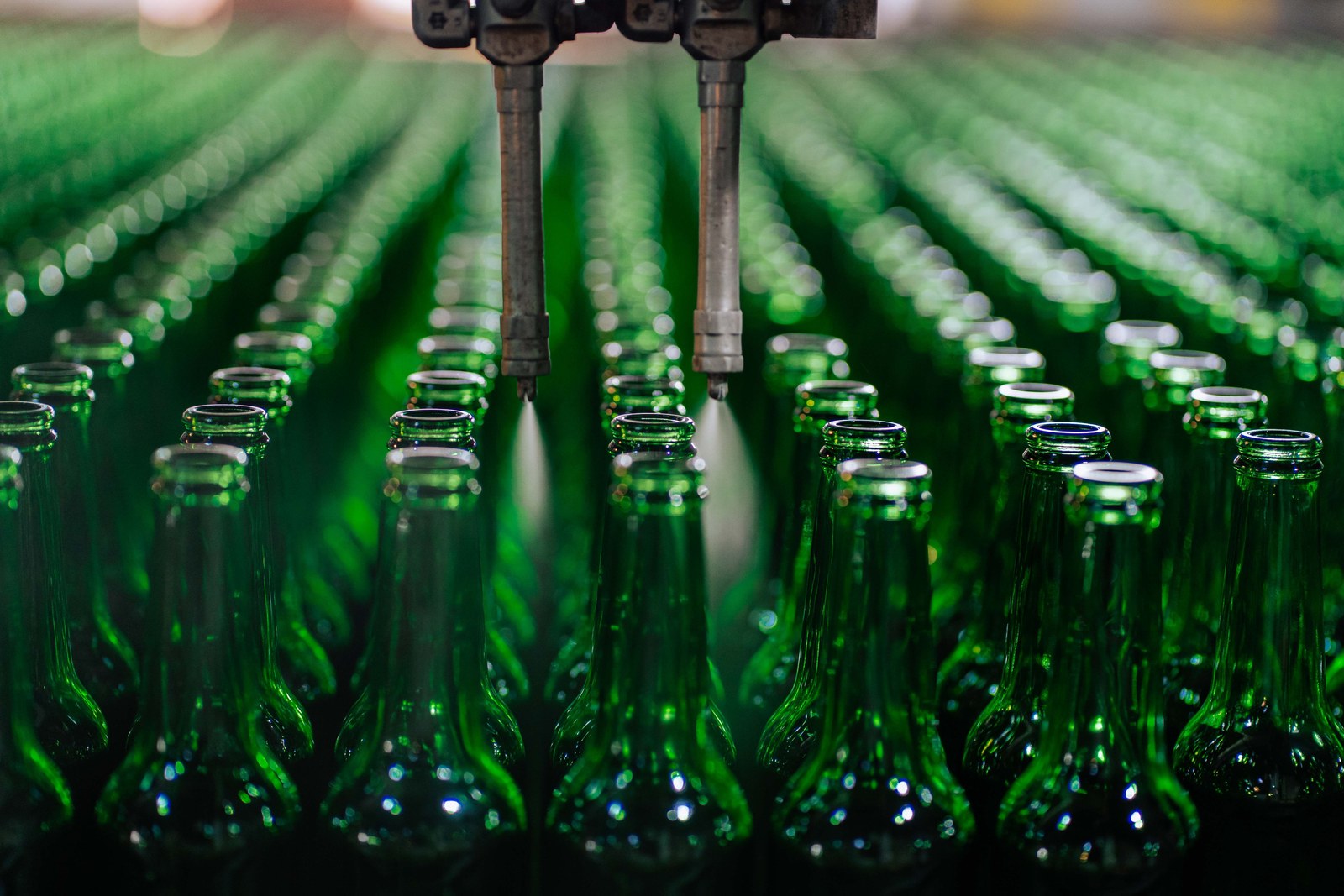 Beverage bottles on an industrial filling line