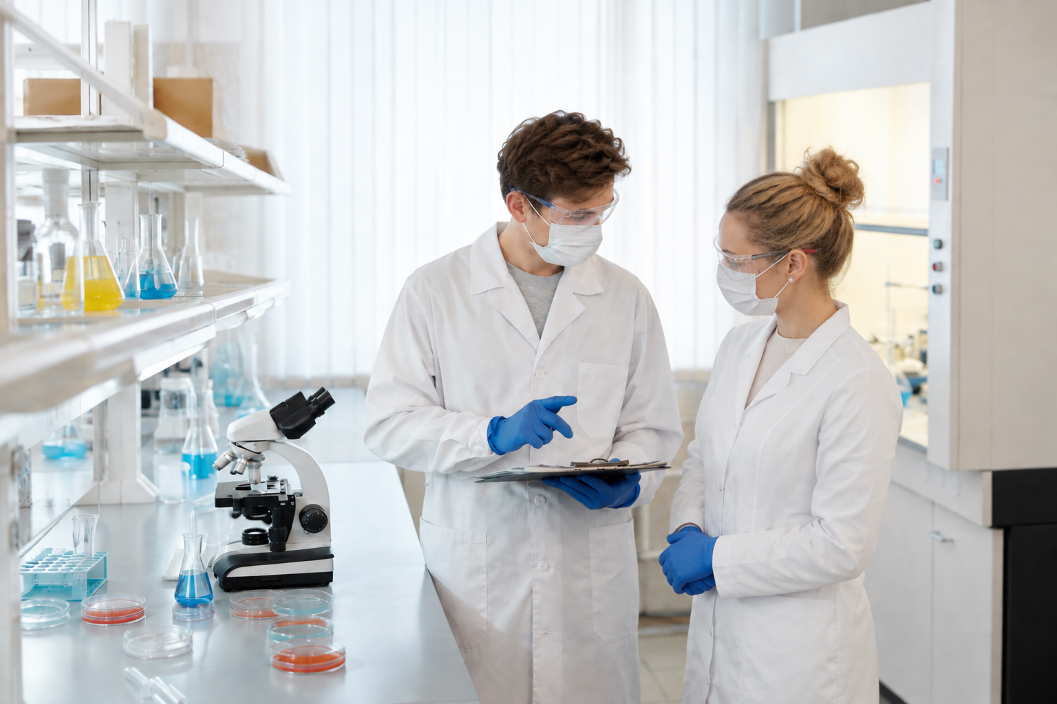 Laboratory specialists discussing sample pre-test measurements