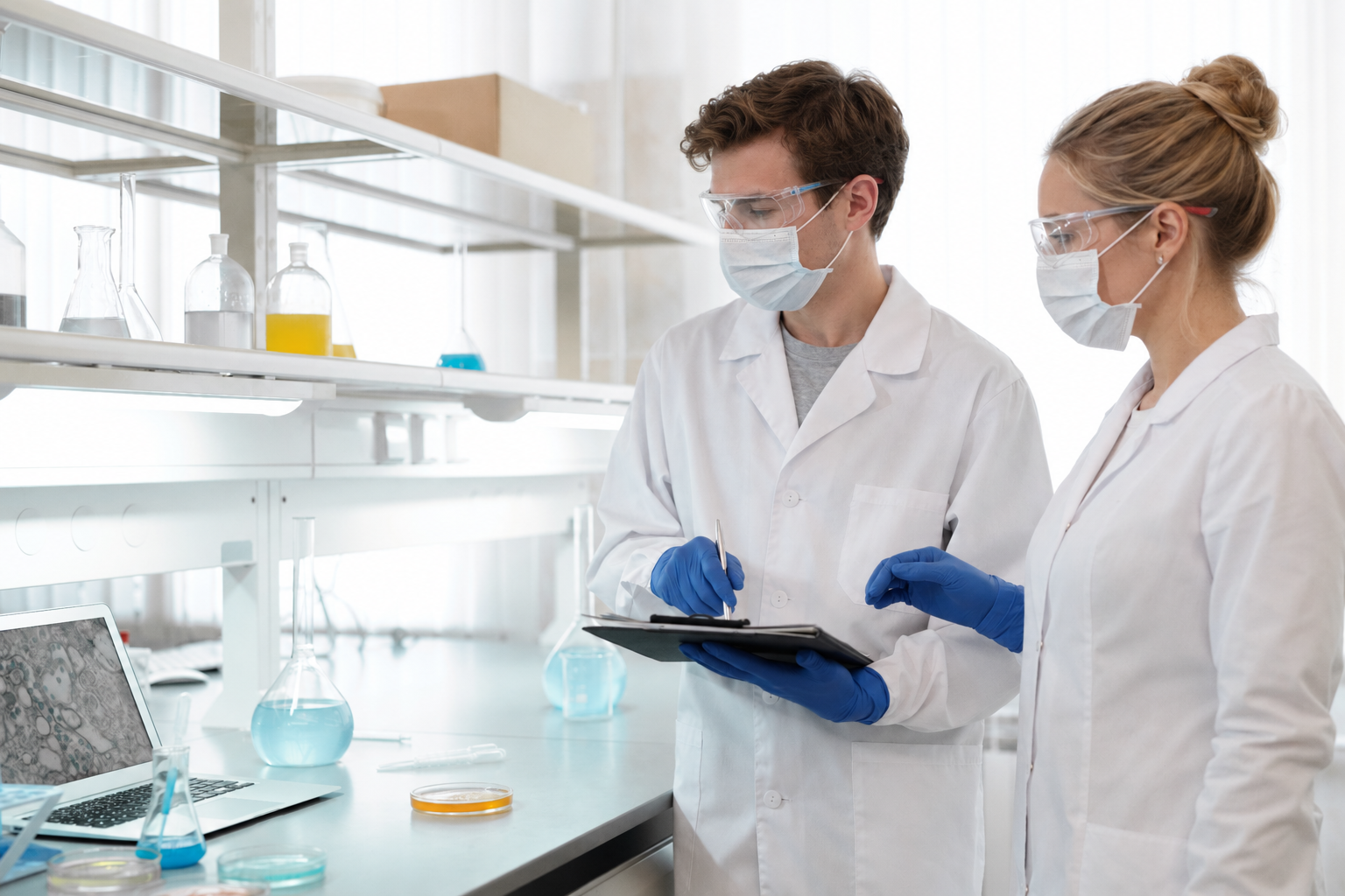 Two researchers evaluating samples in a laboratory